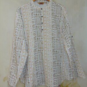 Bandeya Women"s Blouse Tribal Striped button top long sleeve Hieroglyphics XL